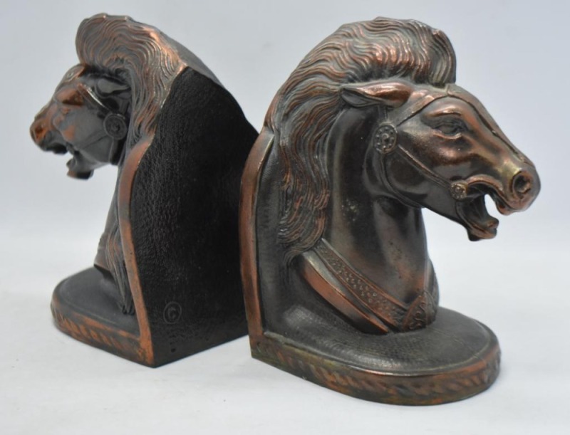 Metalware copper patina 5.5" horse head bookends, BMR brand mark