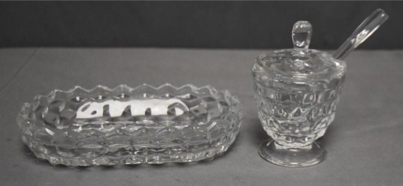 (2) American Fostoria pcs: mustard pot w/ lid and spoon, 3.75"; 6" x 3.5" pickle dish