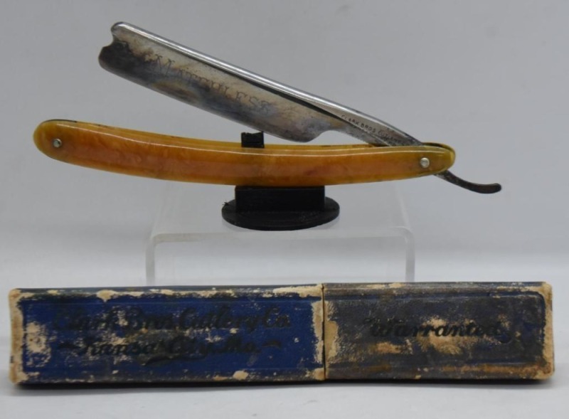 Straight edge razor - mrkd. Clark Bros. Cutlery Co., Kansas City, MO, Matchless, with case