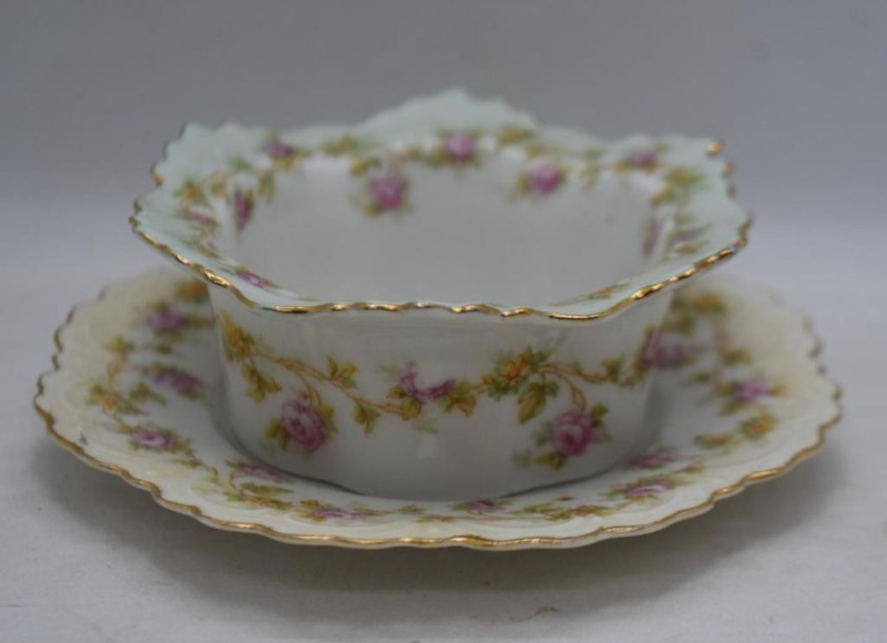 Mrkd. MZ Austria condiment dish with underplate, pink roses