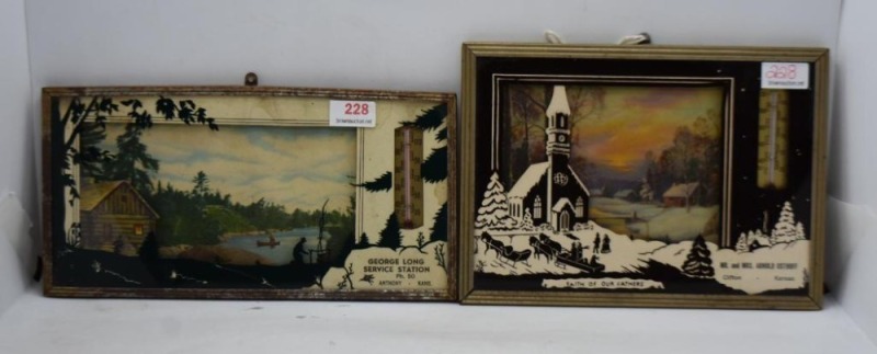 (2) Kansas advertising thermometers with silhouette pictures: George Long Service Station, Anthony; Mr. and Mrs. Arnold Osthoff, Clifton