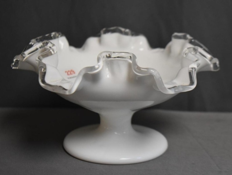 Fenton 4"h white compote w/ silver crest