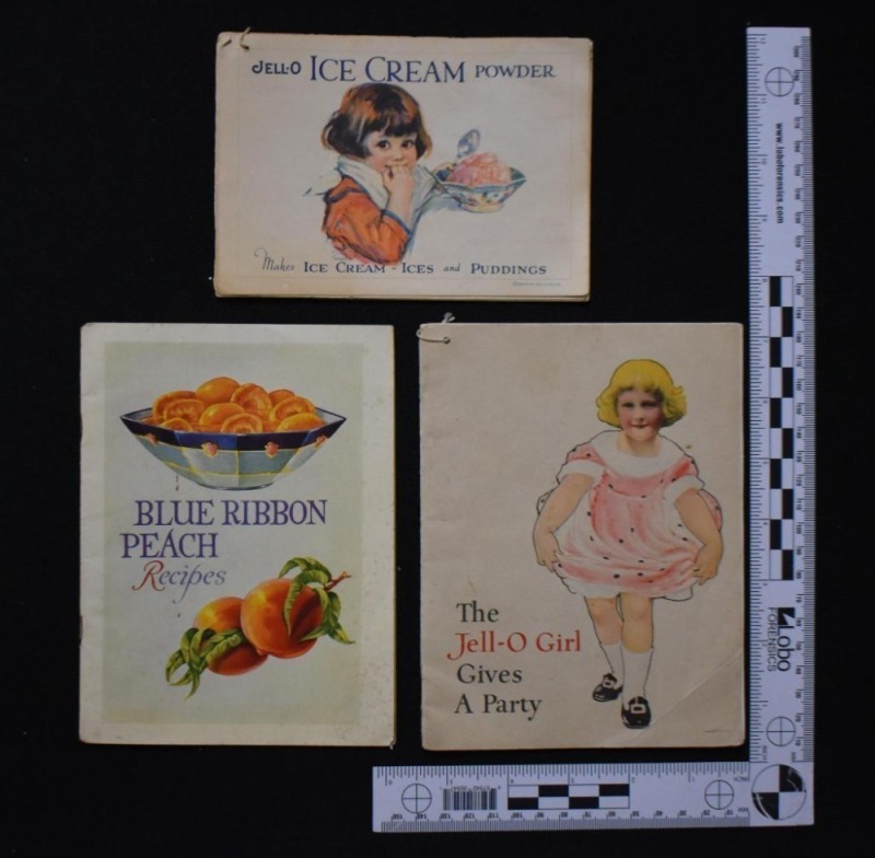 (3) Vintage recipe books: dated 1921 Blue Ribbon Peach; Jell-O Ice Cream Powder; Jell-o Girl Gives a Party