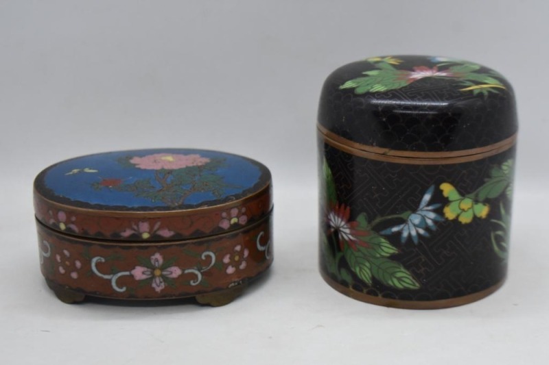 (2) Chinese Cloisonne enamel cov. boxes: 3.25"h x 3" round dia. tea caddy; oval-shaped 3.5" x 2.75" x 1.75"h trinket box