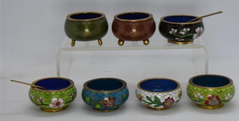 (7) Chinese Cloisonne enamel salt dips + (2) spoons