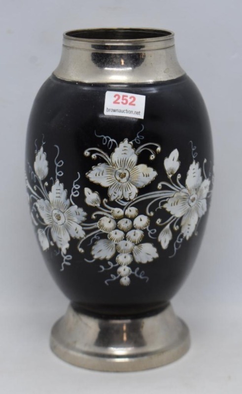 Chinese Cloisonne 7"h black vase decorated with white flowers