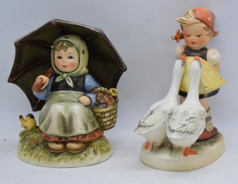 (2) Hummel figurines: #408/ 0 Smiling Through, 4.5", TM6 (1983); #47/ 0 Goose Girl, 4.75", TM3