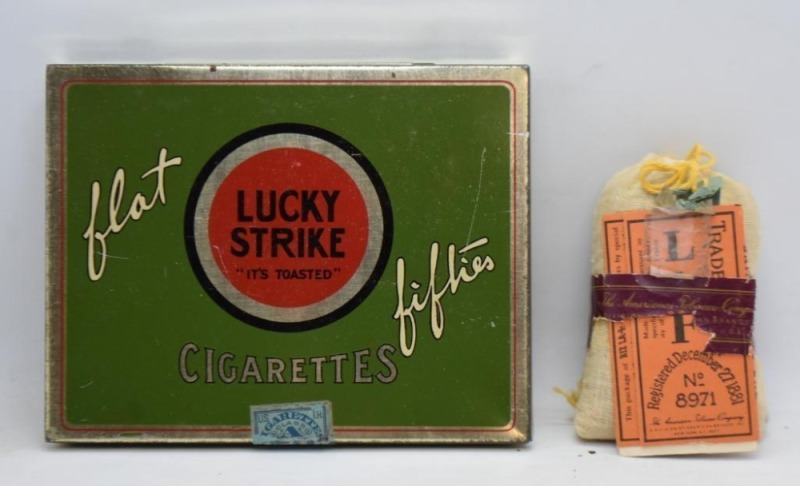 Lucky Strike flat fifties Cigarettes tin; Genuine Durham Smoking Tobacco pouch, Registered 12-27-1881