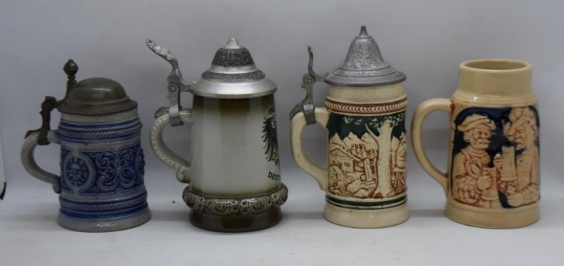 (4) German miniature steins, 3 with hinged pewter lids, embossed scenes