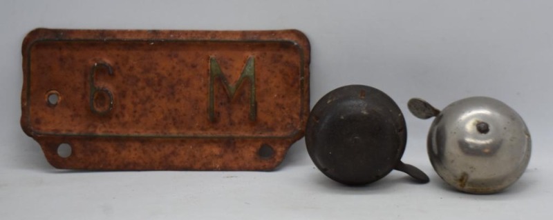 (2) Vintage bicycle bells and bike license tag