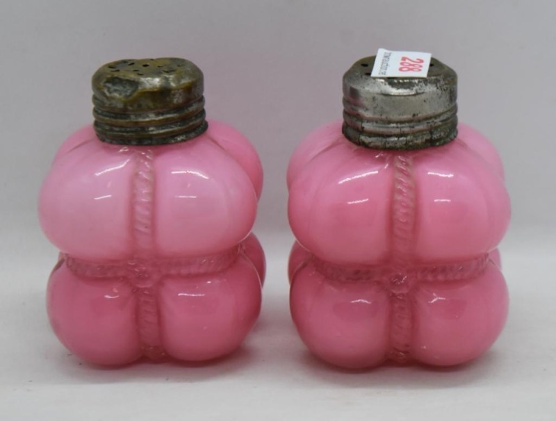 Pair of EAPG Consolidated Glass Co. Cotton Bale salt and pepper shakers, pink, 3"