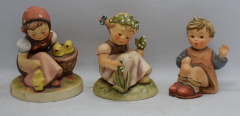 (3) Hummel figurines: #835 Garden Splendor, TM8, 3.5"; #57/ 0 Chick Girl, TM6, 4"; #478 I'm Here, TM6, 3.25"