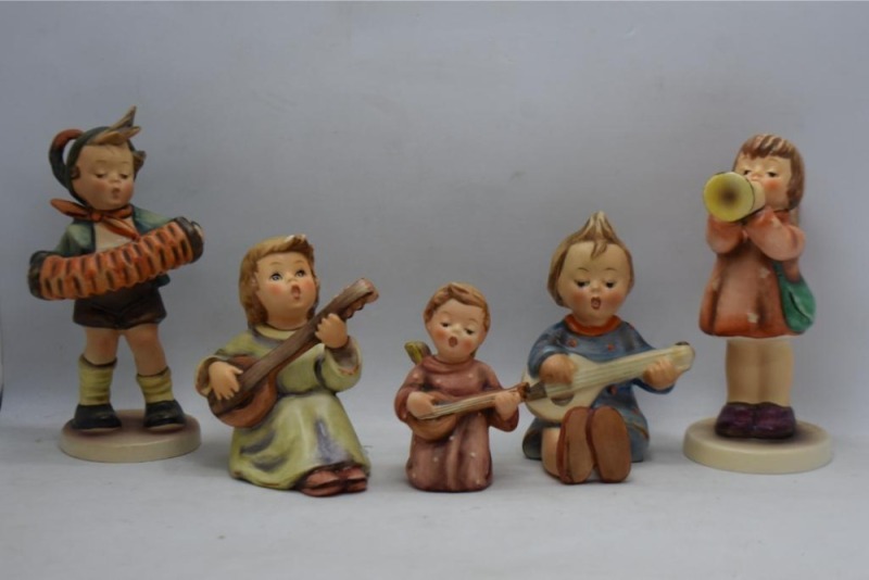(5) Hummel musical figurines: #32 Little Gabriel, TM6, 5"; #53 Joyful, TM3, 4"; #185 Accordion Boy, TM2, 5.5"; #438 Sounds of the Mandolin, TM6, 3.5"; 3" Child w/ mandolin, paper label