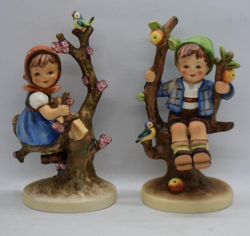 (2) Hummel figurines: #142 Apple Tree Boy and #141 Apple Tree Girl, TM5, 6"
