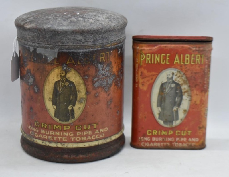 (2) Prince Albert tobacco tins: pocket tin, 4.5"; rounded can w/ lid, 5.5"