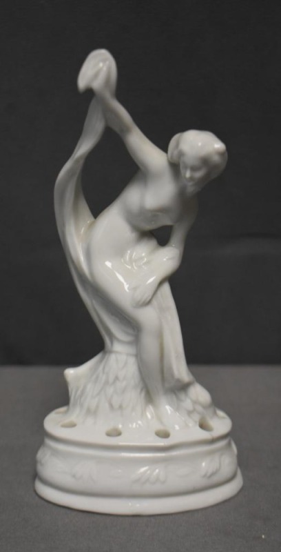 Mrkd. Germany #4647 figural scarf dancer flower frog, 7"