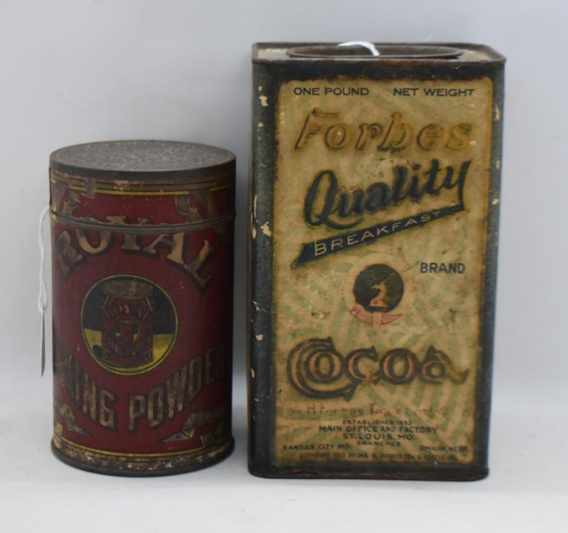 (2) Old food tins: 1 lb. Forbes Breakfast Cocoa; Royal Baking Powder