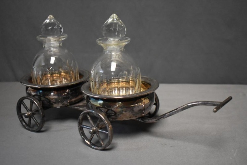 Mrkd. F.B. Rogers Silver Co. novelty wagon server + (2) crystal 5.5"h bottles w/ stopper