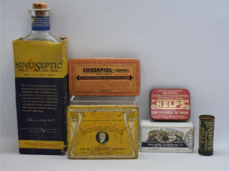 Assortment of old medicine tins incl. Ramon's Brownie Pills, Helps Licorice-Eucalyptol cough drops, etc; SinuSeptic for the Nose bottle in original box