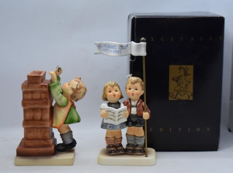 (2) Hummel figurines: #118 Little Thrifty bank w/ key, TM5, 4.5"; #790 Celebrate with Song, TM7, 4.25", original box