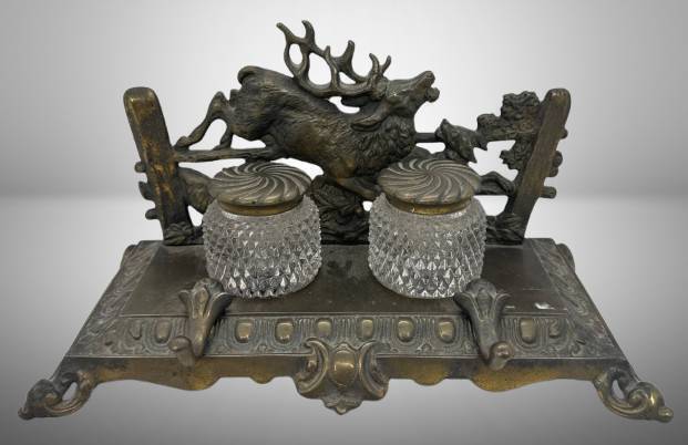 Bradley &Hubbard Cast Metal Inkwell with Crystal Inserts