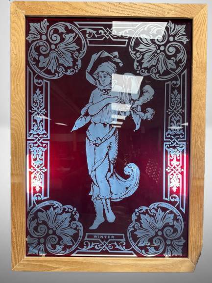 Etched Glass Winter Theme Panel in Oak Frame
