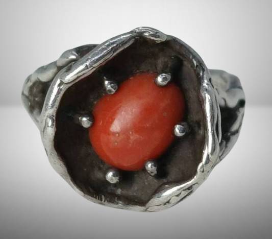 Silver Coral Cabochon Ring with Organic Design