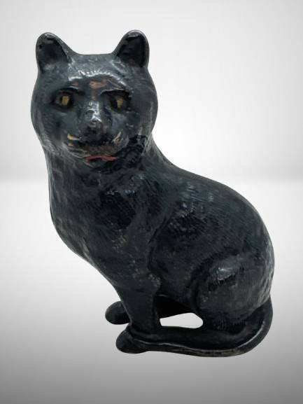 Black Seated Cat Cast Iron Still Bank, 4" Tall