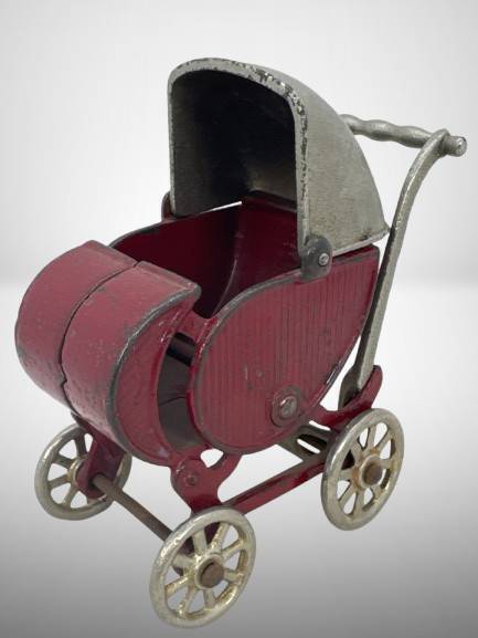 Cast Iron Doll Carriage, Red and Silver