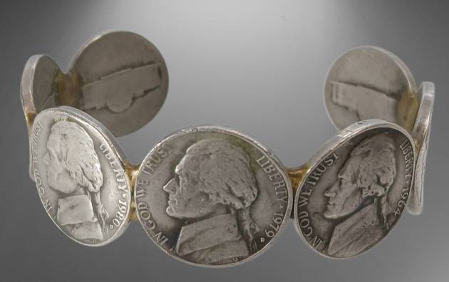 Nickel Coin Cuff Bracelet with Jefferson Portraits