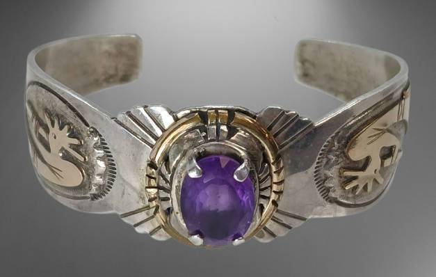 12kt Gold-Filled Bracelet with Amethyst Stone, Kokopelli Motif, Artist Signed