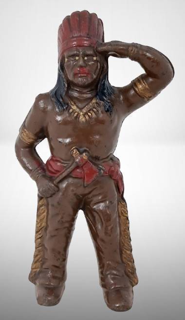 Hubley Cast Iron Indian with Tomahawk Bank, 6" tall