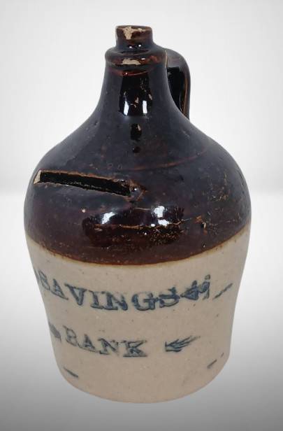 Stoneware Savings Bank Jug, 4" tall (as is)
