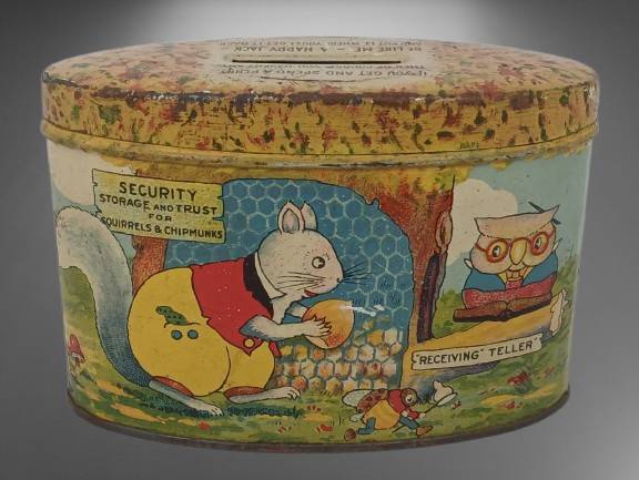 Vintage Oval Metal Squirrel Theme Tin Bank