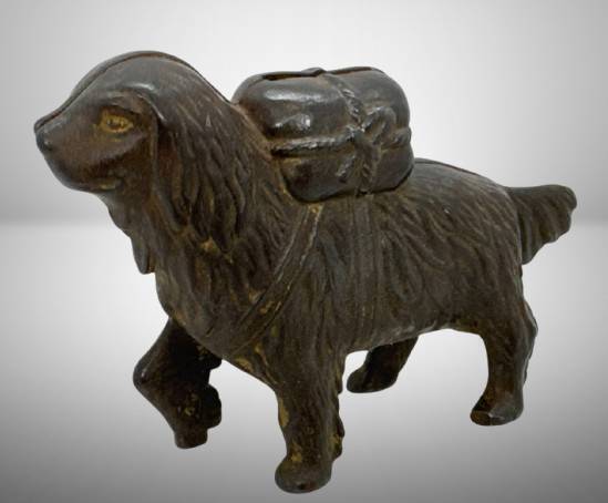 St. Bernard w/ Pack Cast Iron Bank, 3.75" tall