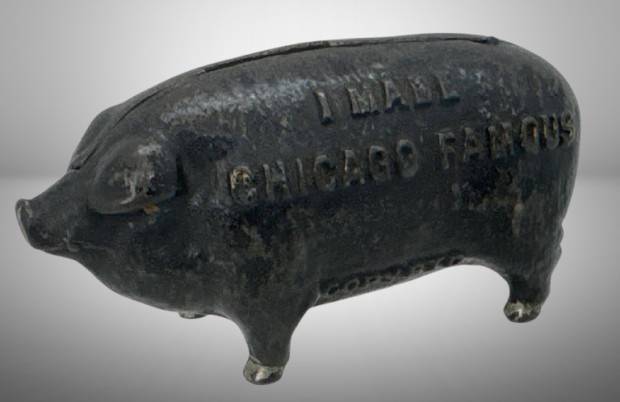Cast Iron "I Made Chicago Famous" Pig Bank, 4" long
