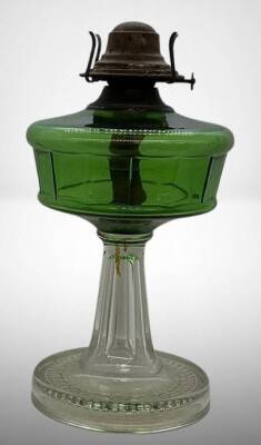 Green Glass Oil Lamp with Clear Pedestal Base