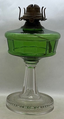 Green Glass Oil Lamp with Clear Pedestal Base - 2
