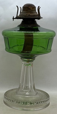 Green Glass Oil Lamp with Clear Pedestal Base - 3