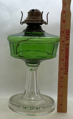 Green Glass Oil Lamp with Clear Pedestal Base - 4