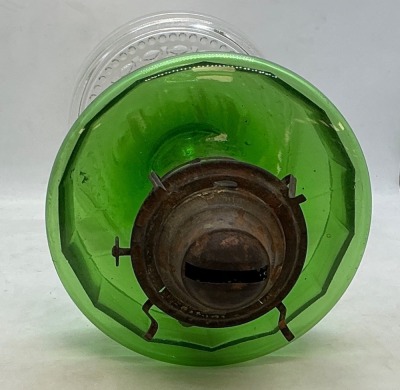 Green Glass Oil Lamp with Clear Pedestal Base - 6