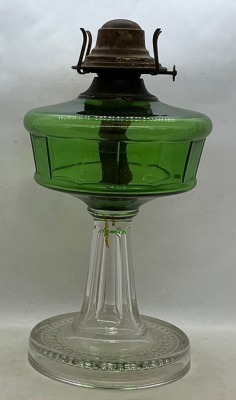 Green Glass Oil Lamp with Clear Pedestal Base - 7