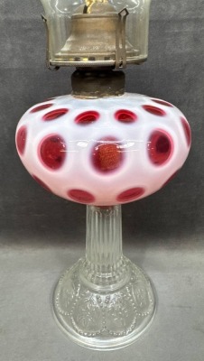 Cranberry Opalescent Glass Oil Lamp - 5