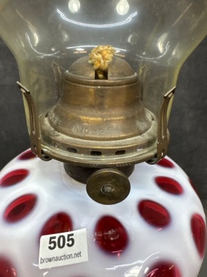 Cranberry Opalescent Glass Oil Lamp - 8