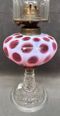 Glass Oil Lamp with Cranberry Opalescent Design - 4