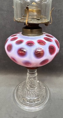 Glass Oil Lamp with Cranberry Opalescent Design - 5