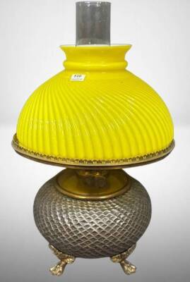Brass Kerosene Lamp with Yellow Swirl Shade