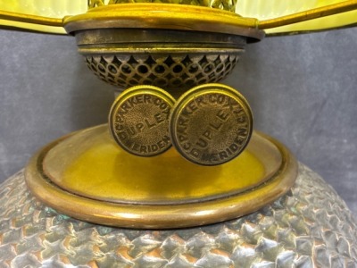 Brass Kerosene Lamp with Yellow Swirl Shade - 4
