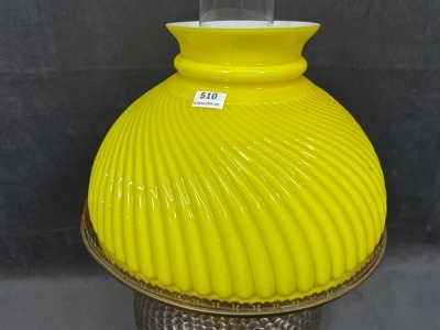 Brass Kerosene Lamp with Yellow Swirl Shade - 6