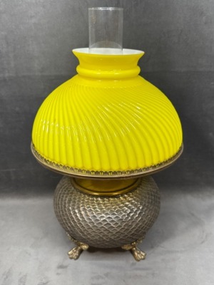 Brass Kerosene Lamp with Yellow Swirl Shade - 7